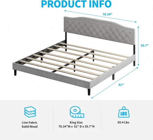Vista 2 de Mjkone Base de cama tamaño King con cabecera ajustable, marco de cama tapizado con diseño capitoné con botones, no necesita somier, base de cama