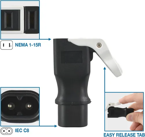 Vista 3 de Conntek 30132 IEC C8 a 1-15R Adaptador de enchufe con Snap-Pop Fácil Liberación