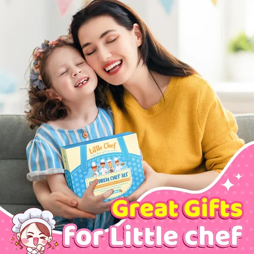 Vista 7 de Toyze Regalos para niñas de 3 a 8 años, juego de cocina para niños con delantal, sombrero de chef, libro de cocina, 20 unidades, color rosa