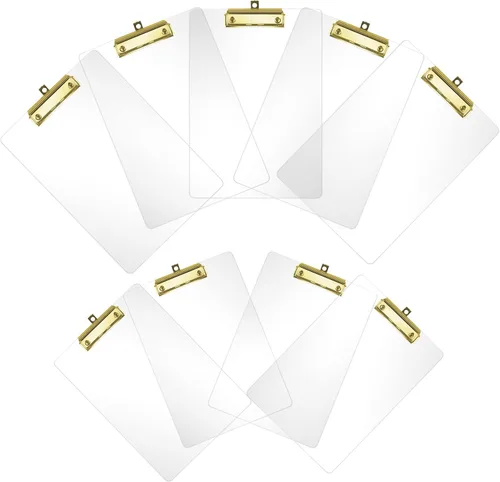 Vista 13 de Moocci Portapapeles transparentes de acrílico grueso, bonito portapapeles transparente con clip dorado fuerte agujero oculto para colgar papel A4