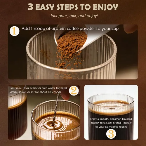 Vista 6 de Café proteico en polvo, café helado de proteína de suero Mezcla de 14 hongos con reishi y melena de león, L-teanina, ashwagandha y DHA Sin