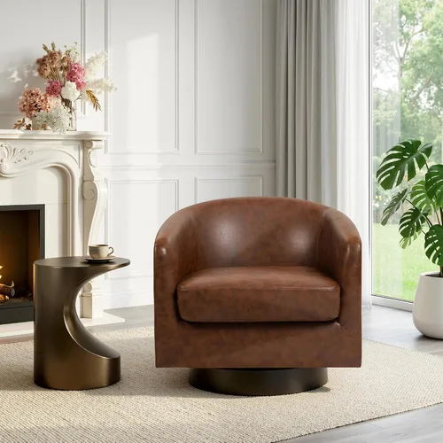 Vista 19 de Silla Giratoria de Acento de Cuero Sintético con Base de Madera, Sillas de Barril Tapizadas Modernas para Sala de Estar, Cómodo Sillón Redondo Sofá