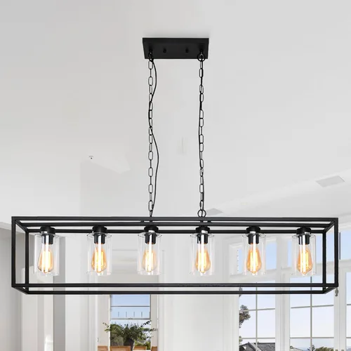 Vista 11 de Iluminación rústica de isla de cocina de granja, lámpara de 5 luces para comedor sobre mesa, lámpara de araña de madera rústica rectangular, lámpara