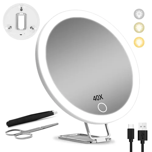Vista 13 de Espejo de aumento de maquillaje 10X con luces, espejo aumentado de mano de Negro-10x