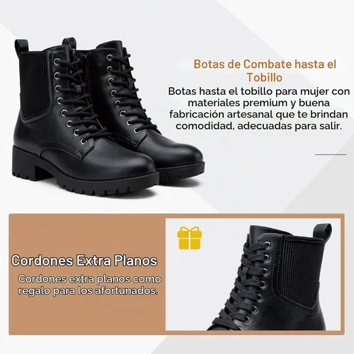 Vista 5 de Vepose Botines de combate con cordones para mujer con cremallera y suela de Negro