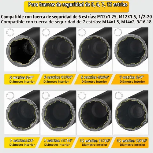 Vista 5 de Topec Juego de 8 llaves de tuerca de llanta estriada 5, 6, 7, 12 llaves de tuerca de bloqueo de estrías, kit de extracción universal de bloqueo