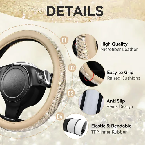 Vista 4 de CAR PASS Funda para volante de cuero beige con diamantes brillantes, cristales blancos brillantes con purpurina y pedrería, ajuste universal de 14