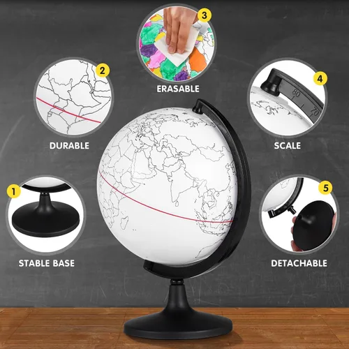 Vista 3 de TOYANDONA Globo mundial en blanco con soporte, mapa de borrado en seco, globo de tierra redondo para profesores geográficos, decoración de escritorio