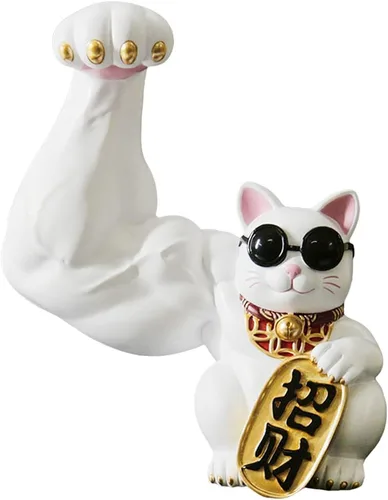 Vista 9 de Prettyia Estatua de gato de la suerte, brazo agitador de gato de la suerte, brazo musculoso de mano gigante, decoración de gato agitado, gato