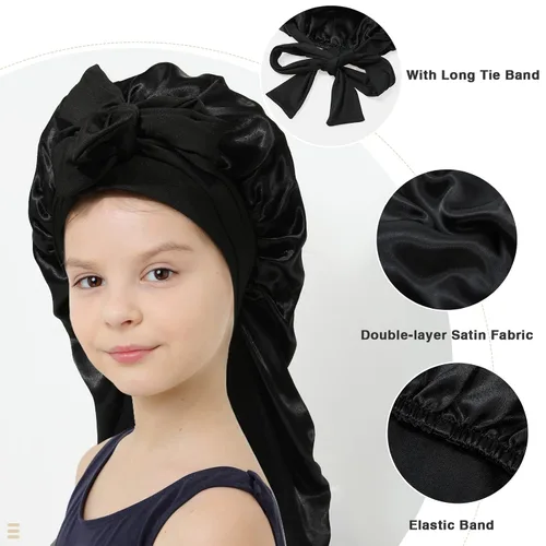 Vista 5 de Gorro de pelo largo para niños para dormir - Gorro de satén elástico de doble capa para niñas con banda de amarre para cabello trenzado y rizado