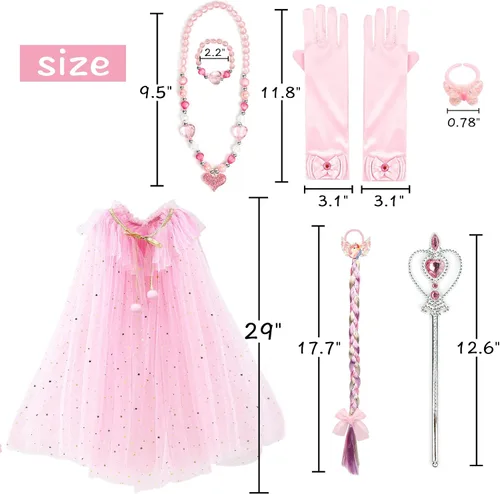 Vista 7 de FAYBOX Ropa de vestir de princesa para niñas pequeñas, capa de pincess, accesorios de disfraz con collar de varita de tiara trenzada