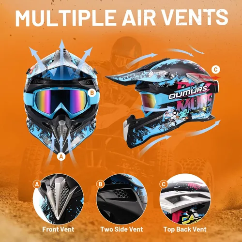 Vista 5 de OUMURS DOT Casco de Dirt Bike para Adultos con Gafas, Guantes y Máscara, Visera Solar Ajustable, Casco de Motocicleta ATV Todoterreno Motocross