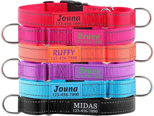 Vista 5 de Collar de martingala personalizado para perros con hebilla de liberación rápida - Collar reflectante de nailon con nombre y número de teléfono