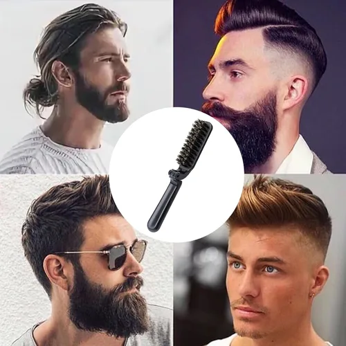 Vista 6 de 2 piezas de cepillo plegable de viaje con cerdas de jabalí, bolsillo plegable, rango antiestático, mini herramienta de peinado para barba y cabello