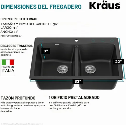 Vista 4 de Kraus Forteza - Fregadero de cocina de doble seno 50/50 de granito de instalación empotrada/sobre encimera, 33 pulgadas, color negro (KGD-52BLACK)