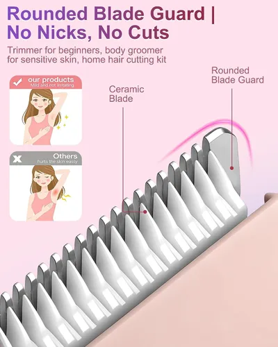 Vista 3 de Recortadora de bikini para mujer, recargable, con cuchillas de cerámica a presión, cabeza lavable IP7X, color rosa pastel