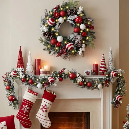 Vista 2 de Valery Madelyn - Guirnalda de Navidad de 1.8 m preiluminada con luces para repisa, guirnalda iluminada de Navidad para exteriores con bolas rojas