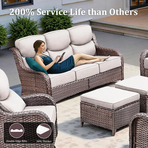 Vista 5 de Sofá de lujo para patio al aire libre, sofá de mimbre resistente para todo tipo de clima, sofá de 3 plazas con asiento profundo y funda extraíble
