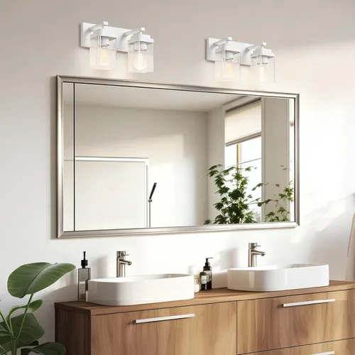 Vista 3 de Lámparas blancas para baño, 2 luces de baño, accesorios de iluminación sobre el espejo, diseño cuadrado y placa trasera grande rectangular