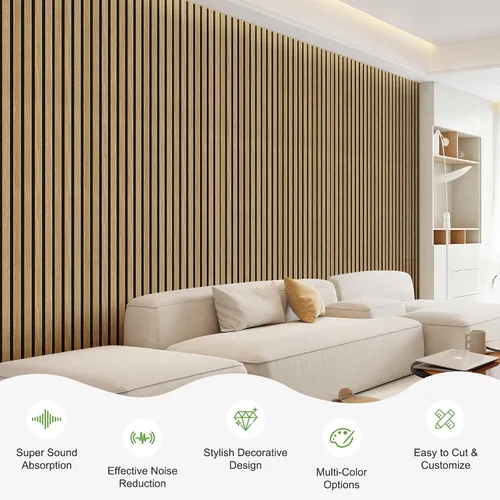 Vista 18 de Paquete de 2 paneles de madera para pared, paneles acústicos de listones de madera de 48 x 24 pulgadas, paneles acústicos para decoración de paredes