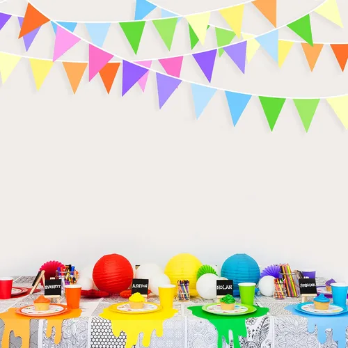 Vista 5 de Kit de decoración de fiesta de arcoíris de 32 pies de tela colorida triangular, banderines de banderines de algodón para cumpleaños, boda, baby