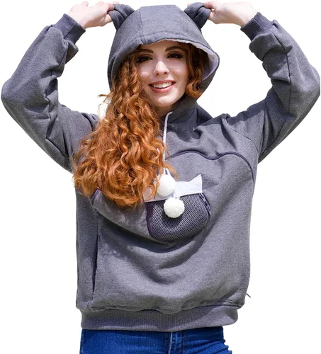 Vista 14 de ALYC Sudaderas unisex con capucha para mascotas, gato, perro, bolsa de canguro de transporte, sudadera con estampado de gato (negro, S)