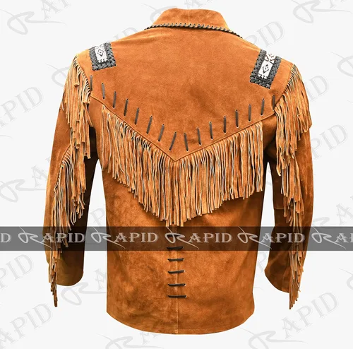 Vista 2 de Chaqueta de cuero vaquero occidental para hombre, gamuza real y flecos, abrigo nativo americano, color marrón tostado, talla 3XL grande RP-786 0