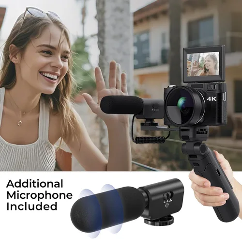 Vista 4 de Cámara de vlogging 4K con kits Creator Cámara digital 5K para fotografía Cámara de video de 64MP con pantalla abatible, micrófono, trípode