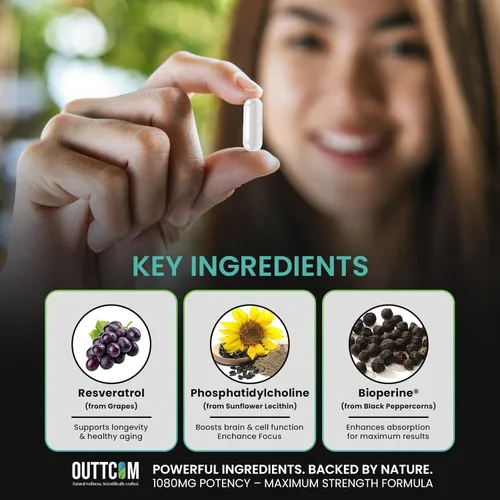 Vista 3 de Suplemento liposomal NAD+ de 900 mg — Resveratrol, B12, fosfatidilcolina y bioperina 60 cápsulas veganas Energía celular, enfoque