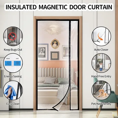 Vista 2 de Cortina de puerta aislada reversible transparente con apertura lateral izquierda o derecha, cubierta térmica magnética de puerta con mosquitera