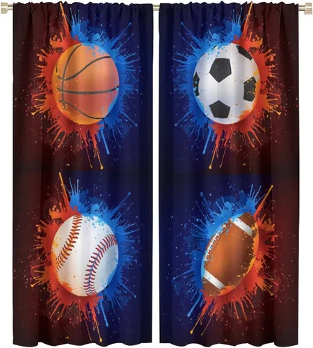 Vista 10 de Cortinas deportivas de baloncesto para niños, patrón de llama de bola 3D naranja, 42 pulgadas de ancho x 45 pulgadas de largo