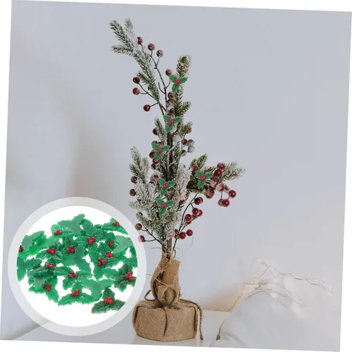 Vista 9 de Abaodam 120 piezas de bayas de acebo de Navidad con hojas verdes, parches de Navidad, bayas de acebo artificiales de Navidad, micro hojas