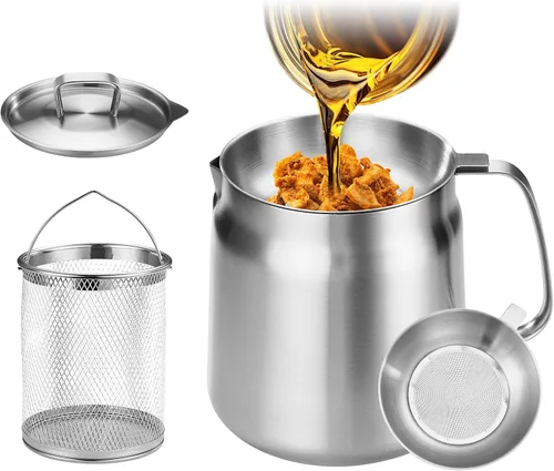 Vista 10 de Olla de Freidora Profunda de Acero Inoxidable 304 de 50oz con Cesta y Colador, Recipiente de Gran Capacidad para Grasa de Tocino para Cocina