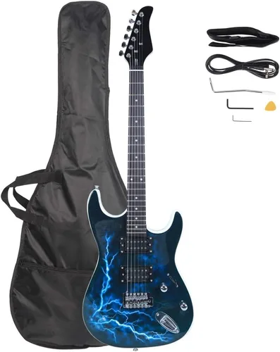 Vista 9 de Guitarra eléctrica tamaño completo de 6 cuerdas con correa, bolsa de guitarra, cable de alimentación, plectrums (negro)