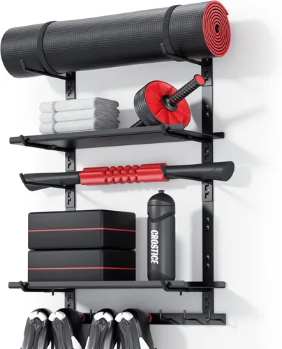 Vista 7 de Solo Estante de Almacenamiento para Gimnasio en Casa, Organizador Ajustable de Equipo de Gimnasio Montado en la Pared con 1 Tablero, Soporte