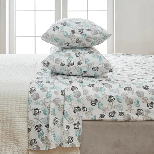 Vista 6 de Great Bay Home - Sábanas de microfibra, estampado costero, sin arrugas, bolsillo profundo, tema de playa, colección Newport (Queen, concha marina)