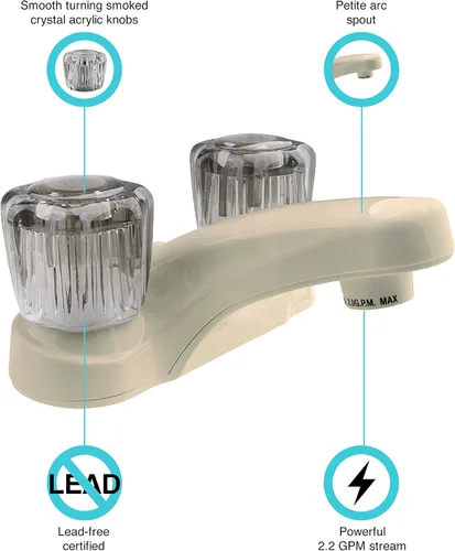Vista 3 de Dura Faucet llave de lavabo de dos manijas, para baño de cámper, motorhomes, tráiler, Pergamino bisqué