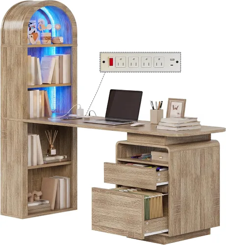 Vista 10 de YITAHOME Escritorio para computadora de 59 pulgadas con luces LED y tomas de corriente, escritorio de oficina en casa con estantería, cajón de Negro