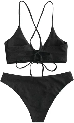 Vista 3 de ZAFUL Conjunto de bikini de dos piezas con cuello redondo para mujer, parte superior cruzada con realce