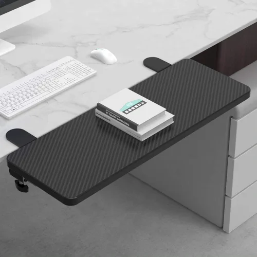 Vista 5 de Extensor de escritorio de 21.65 x 9.45 pulgadas, soporte de brazo plegable ergonómico para mesa de computadora, bandeja de teclado para mesa
