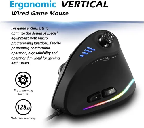 Vista 4 de ZLOT Ratón vertical para juegos, joystick USB ergonómico RGB con cable, mouse láser programable, diseño 6+1, 11 botones, tasa máxima de sondeo