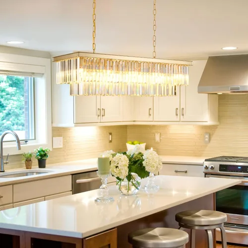 Vista 3 de Candelabro rectangular dorado de 40 pulgadas, 10 luces, iluminación colgante de cristal de lujo para comedor, isla de cocina y bar, altura