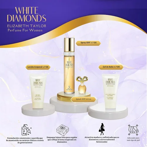 Vista 2 de Elizabeth Taylor White Diamonds - Set de regalo para damas con spray, loción corporal, gel de ducha y perfume