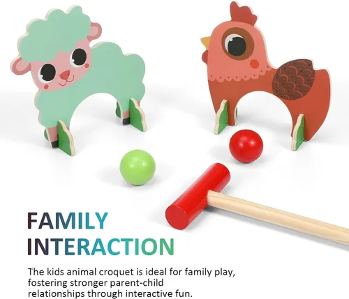 Vista 4 de TOYANDONA Juego de croquet para niños, juego de croquet de animales de madera de dibujos animados, divertidos juegos de césped para niños y niñas