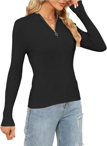 Vista 4 de Klousilover Suéter de manga larga con cremallera de un cuarto para mujer, moda de otoño 2023, suéter de punto ajustado