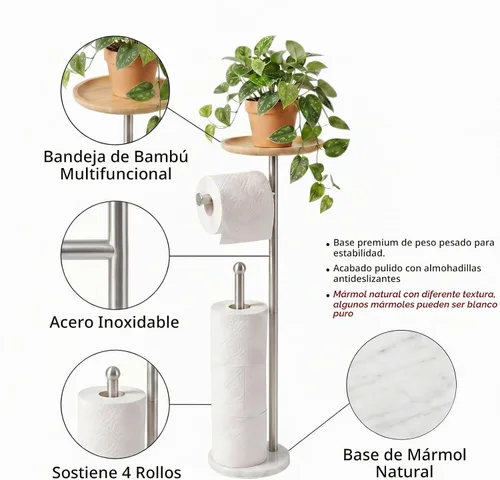 Vista 3 de Soporte para papel higiénico con bandeja grande de bambú de 7.9 pulgadas, base de mármol más pesada de 2.2 libras, soporte de papel de pie