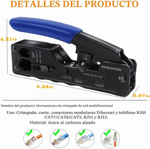 Vista 3 de Herramienta de crimpado RJ45 Herramienta de crimpado Ethernet Cortador de alambre Crimper para Cat7 Cat6a Cat6 Cat5e Pasa a través de conectores
