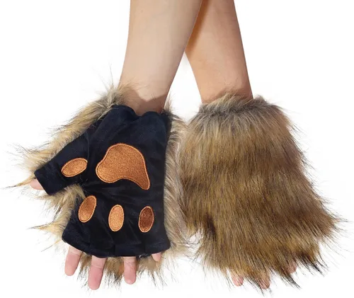 Vista 5 de Ravakeny Juego de cola de lobo y guantes, cola de zorro sin dedos, guantes de pata de lobo para Halloween, fiesta de disfraces, disfraz para niños