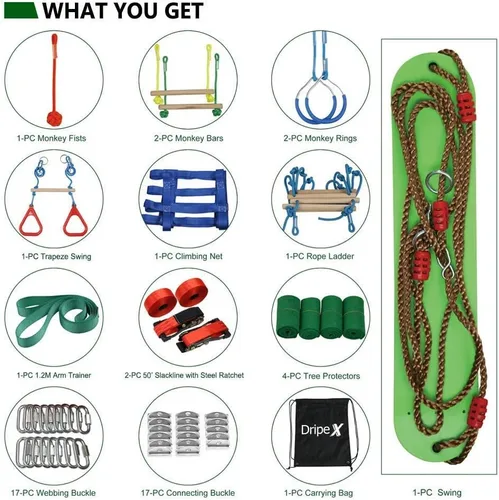 Vista 8 de Dripex - Carrera de obstáculos ninja warrior de 50 pies para niño con accesorios completos, columpio, trapecio, escalera de cuerda, red