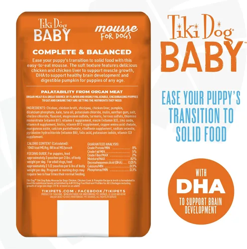 Vista 3 de Tiki Dog Baby Mousse - Comida húmeda para perros, pollo, bolsa de 3 onzas (12 unidades)